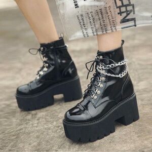 Black Combat Boots with Silver Chain